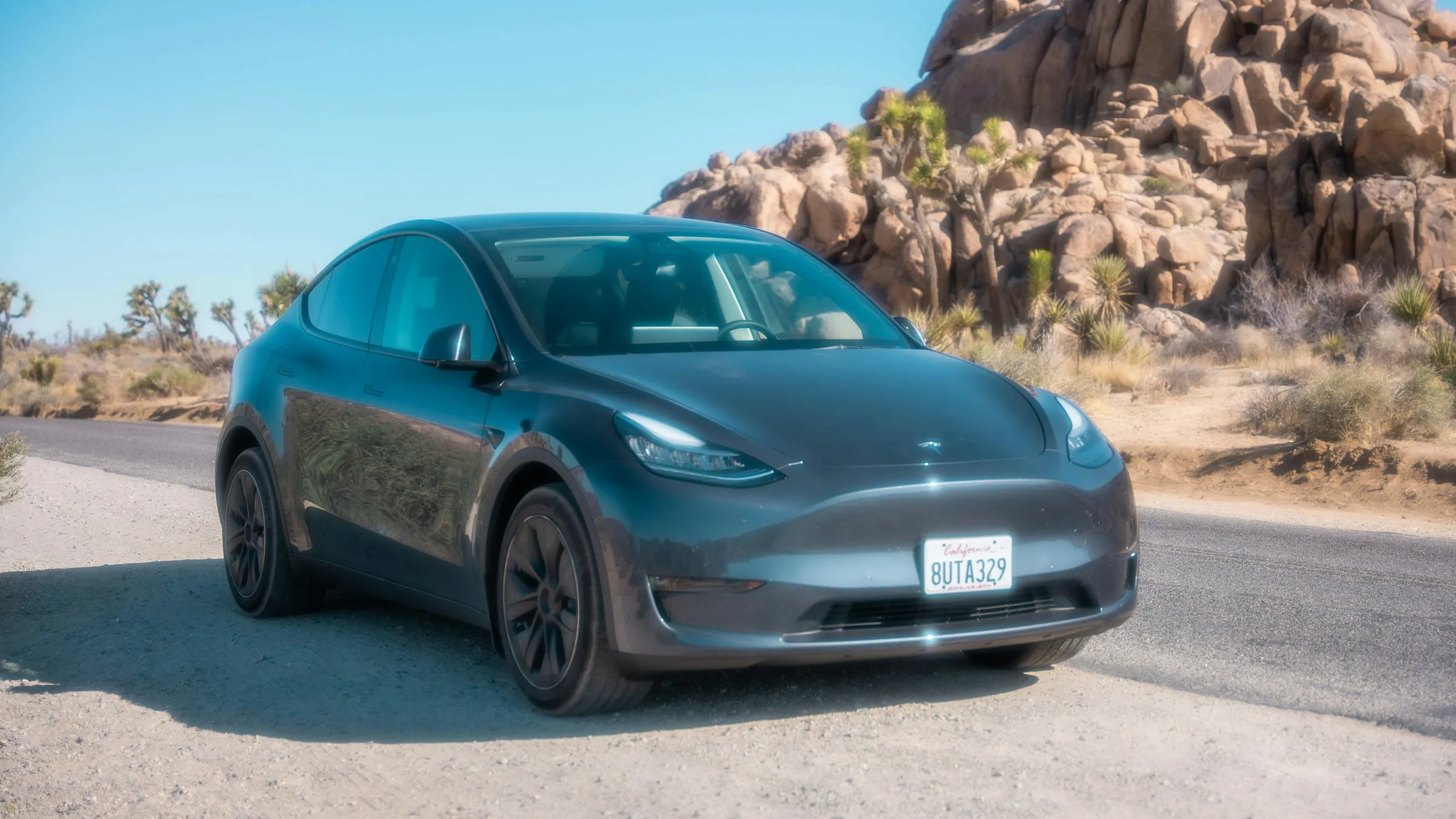 A grey Tesla Model Y parked beside a desert road in Joshua Tree, California
