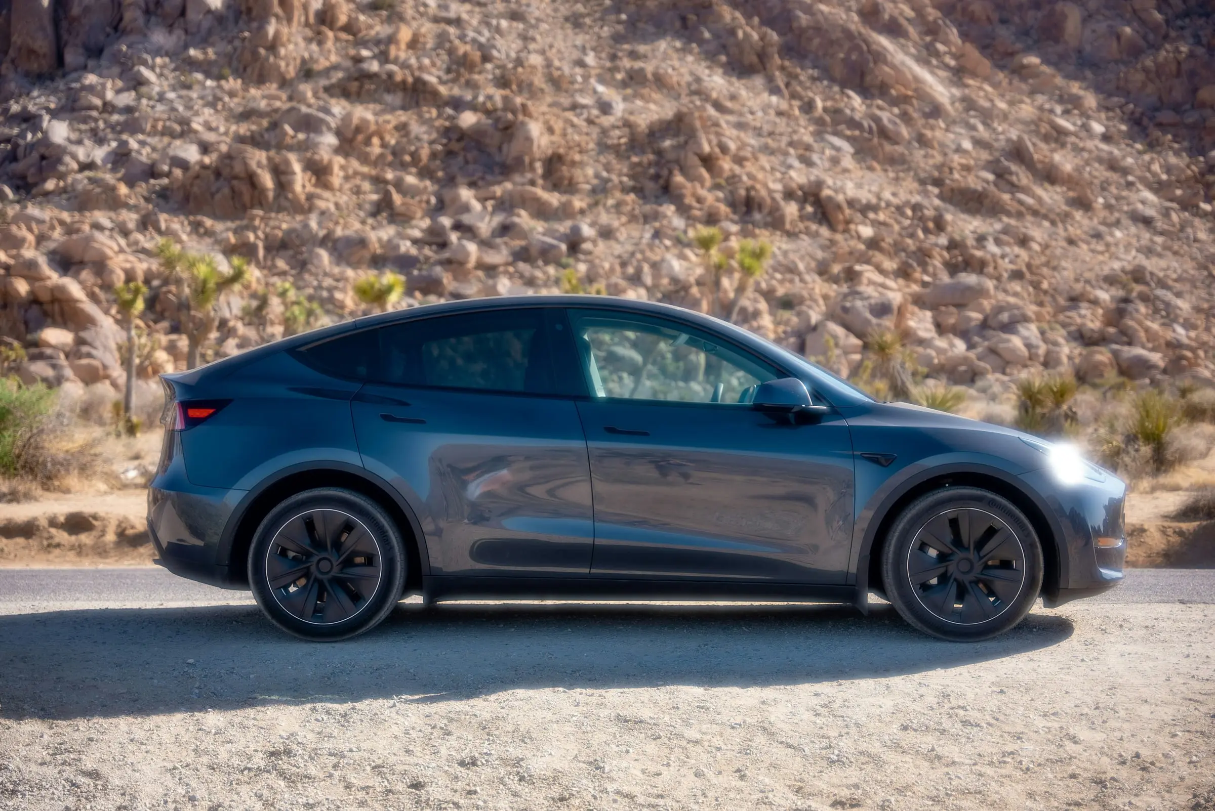 A grey Tesla Model Y parked beside a desert road in Joshua Tree